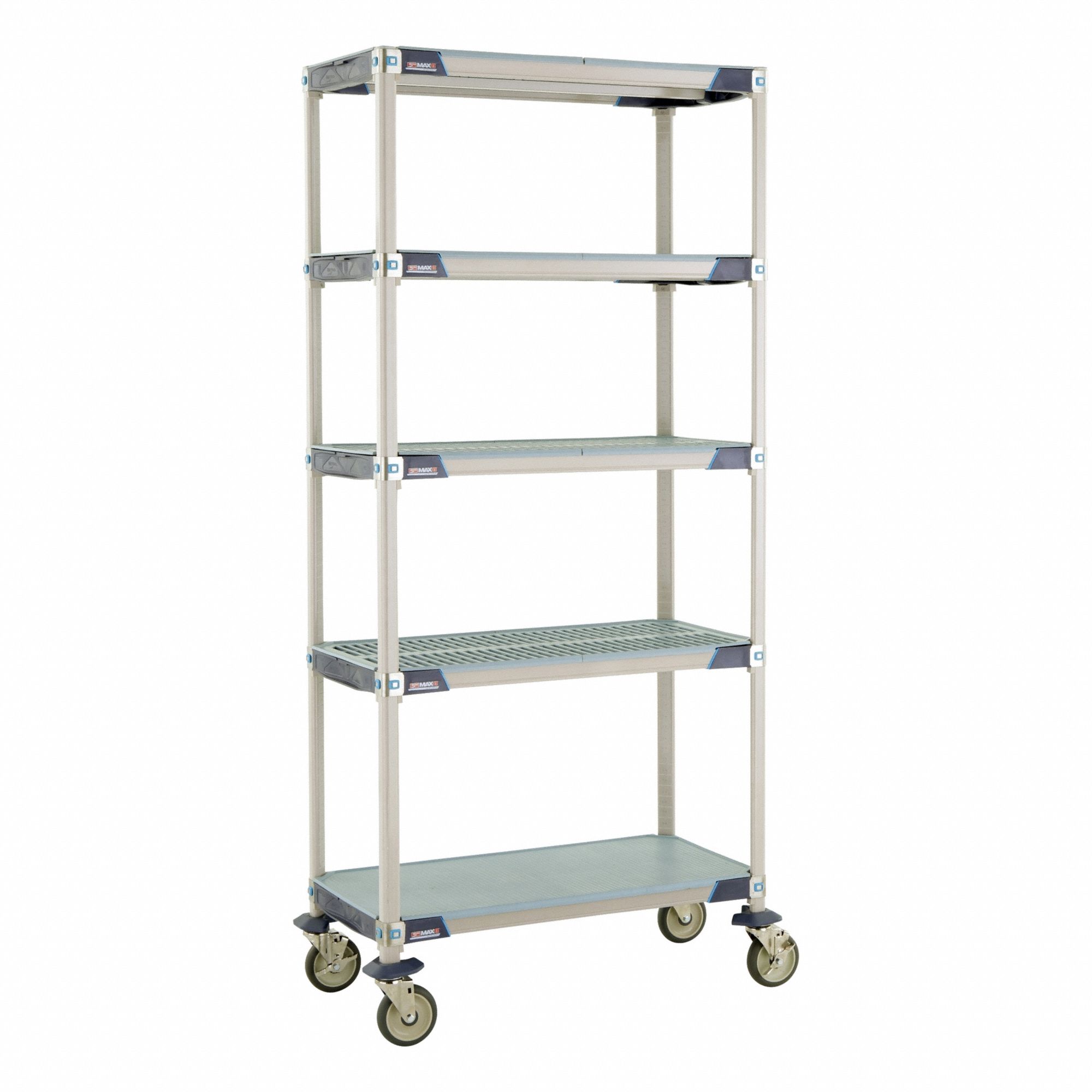 Utility Cart: 38 in x 20 in, 79 in Overall Ht, 5 Shelves, Antimicrobial/Corrosion-Resistant