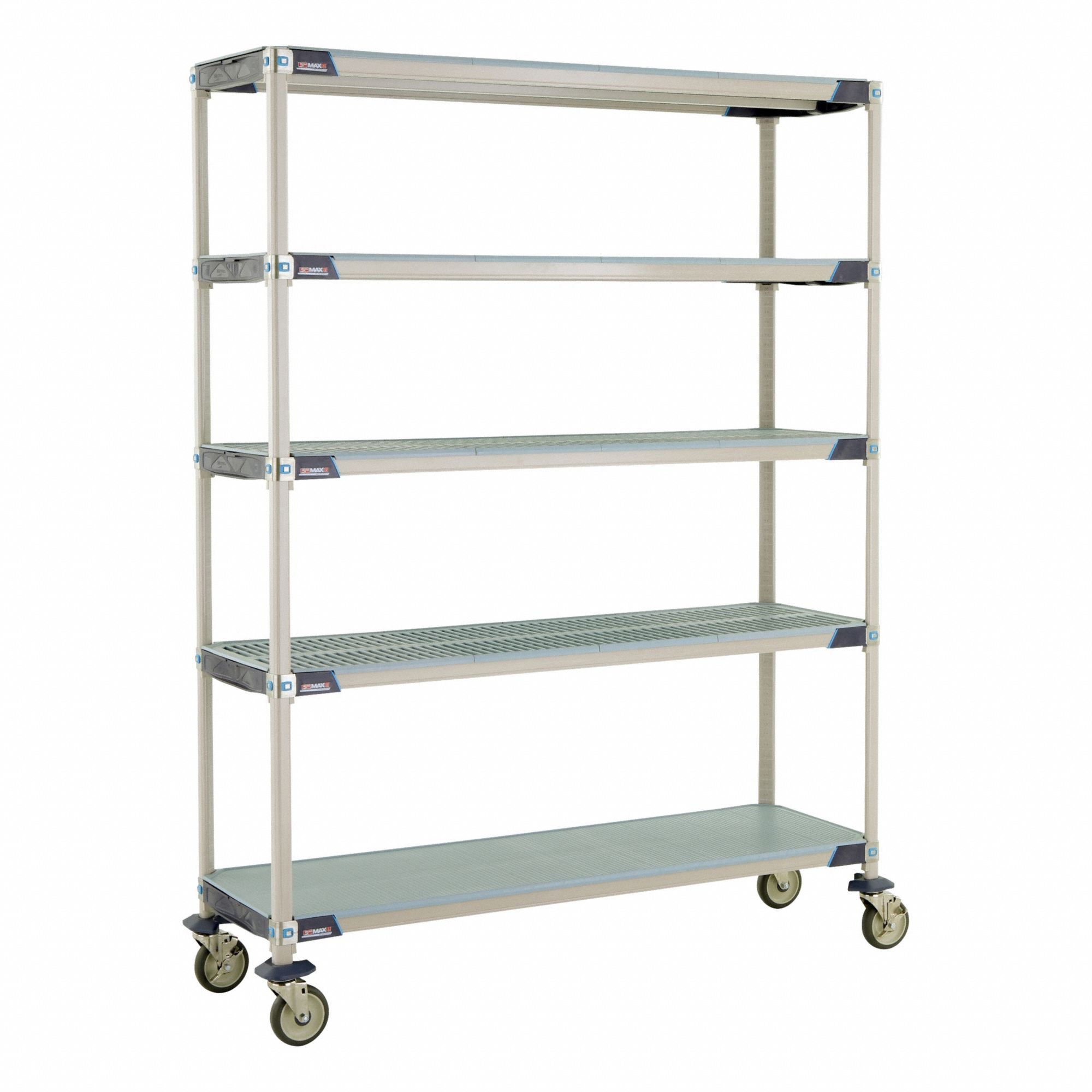 Utility Cart: 62 in x 20 in, 79 in Overall Ht, 5 Shelves, Antimicrobial/Corrosion-Resistant