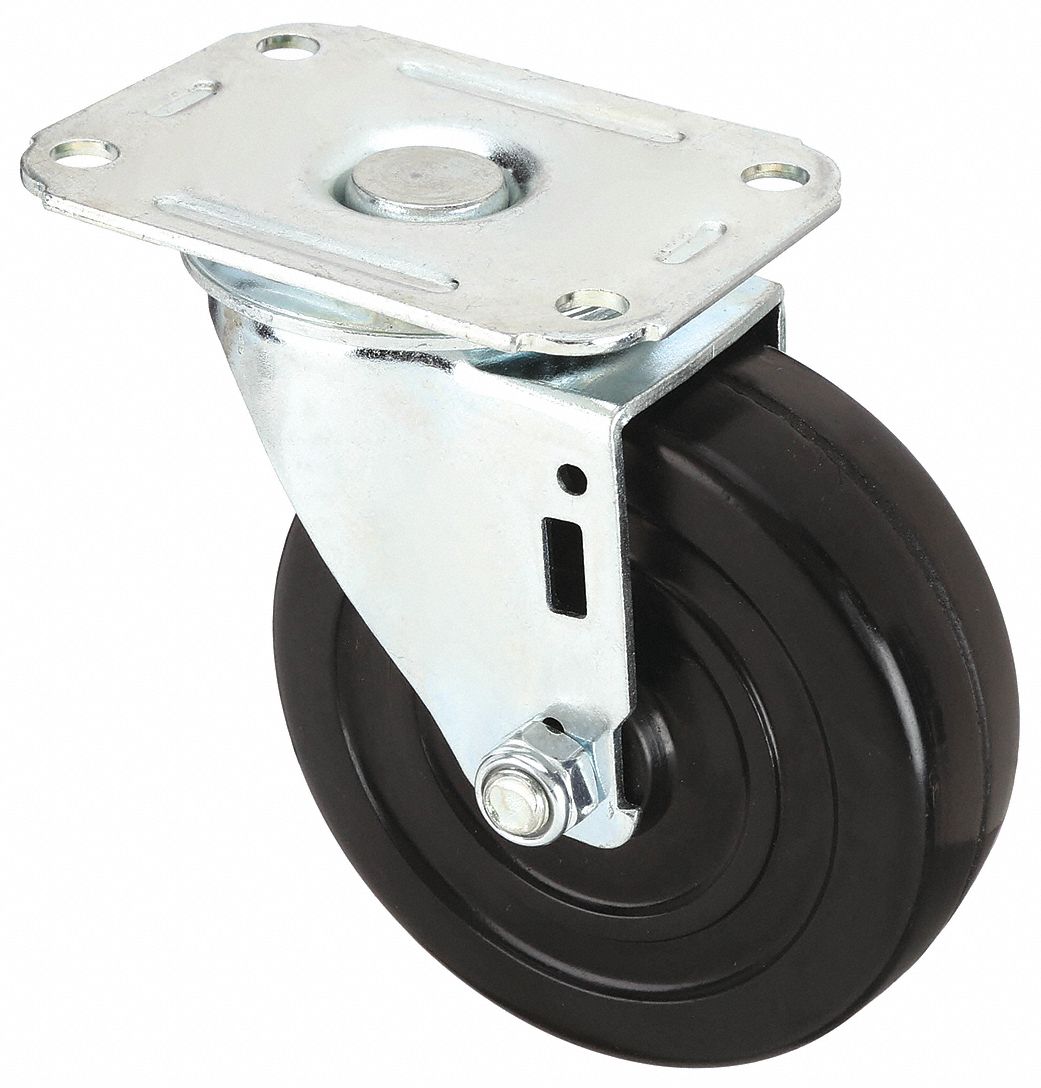 STANDARD PLATE CASTER, 4 IN WHEEL DIA, 165 LB, 4 11/16 IN MOUNTING H, RUBBER, SOFT