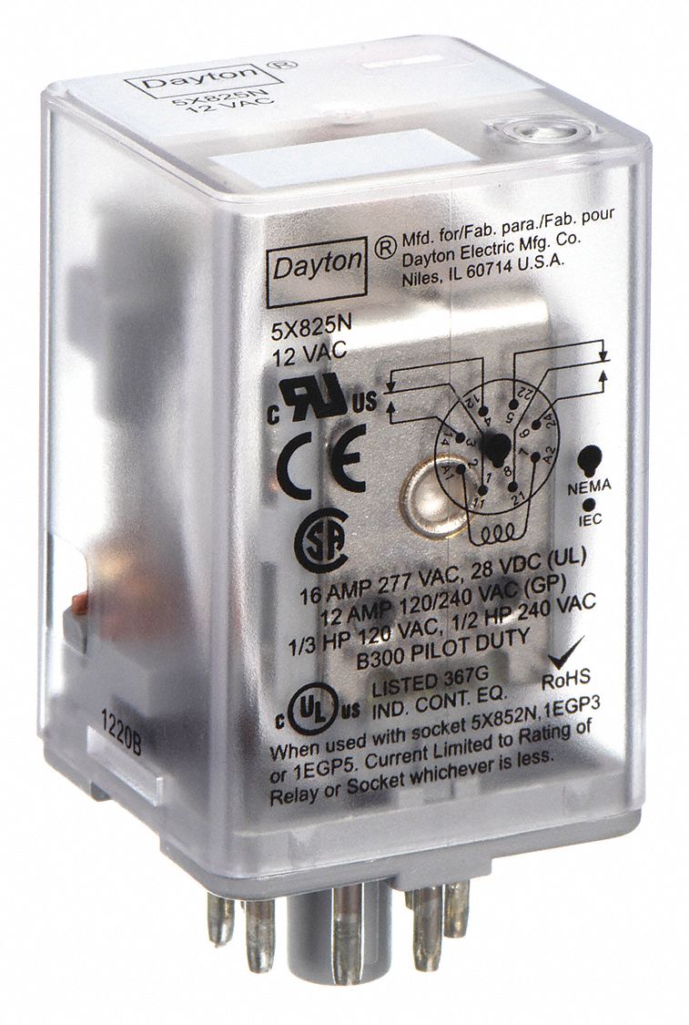 GENERAL PURPOSE RELAY, SOCKET MOUNTED, 10 A CURRENT RATING, 12V AC, 8 PINS/TERMINALS, DPDT