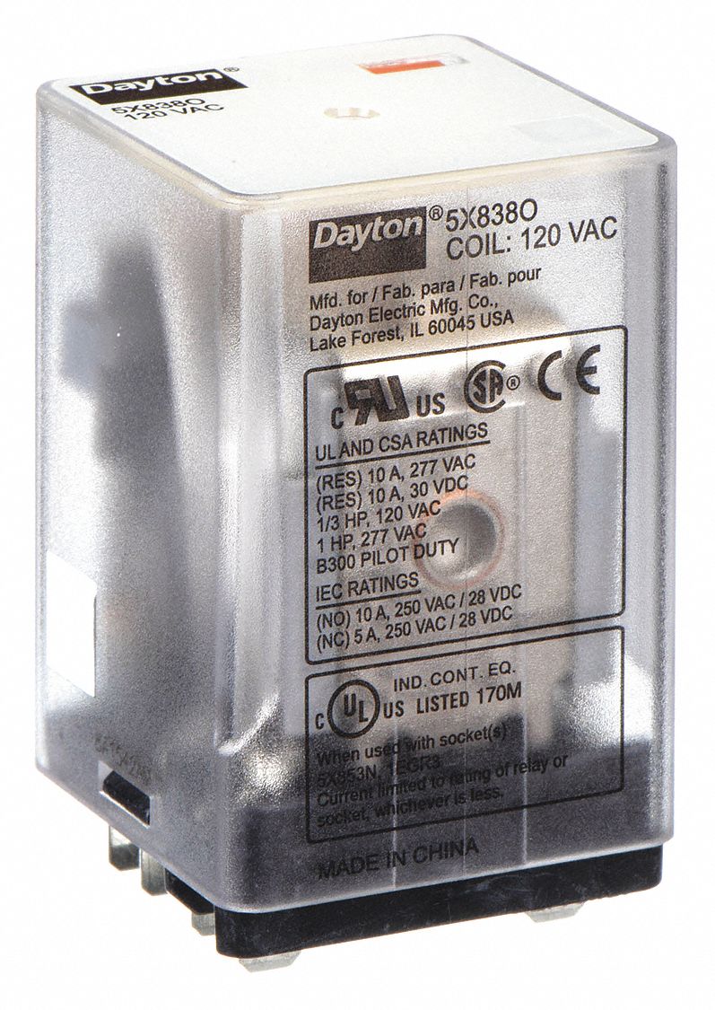 GENERAL PURPOSE RELAY, SOCKET MOUNTED, 10 A CURRENT RATING, 120V AC, 8 PINS/TERMINALS, DPDT