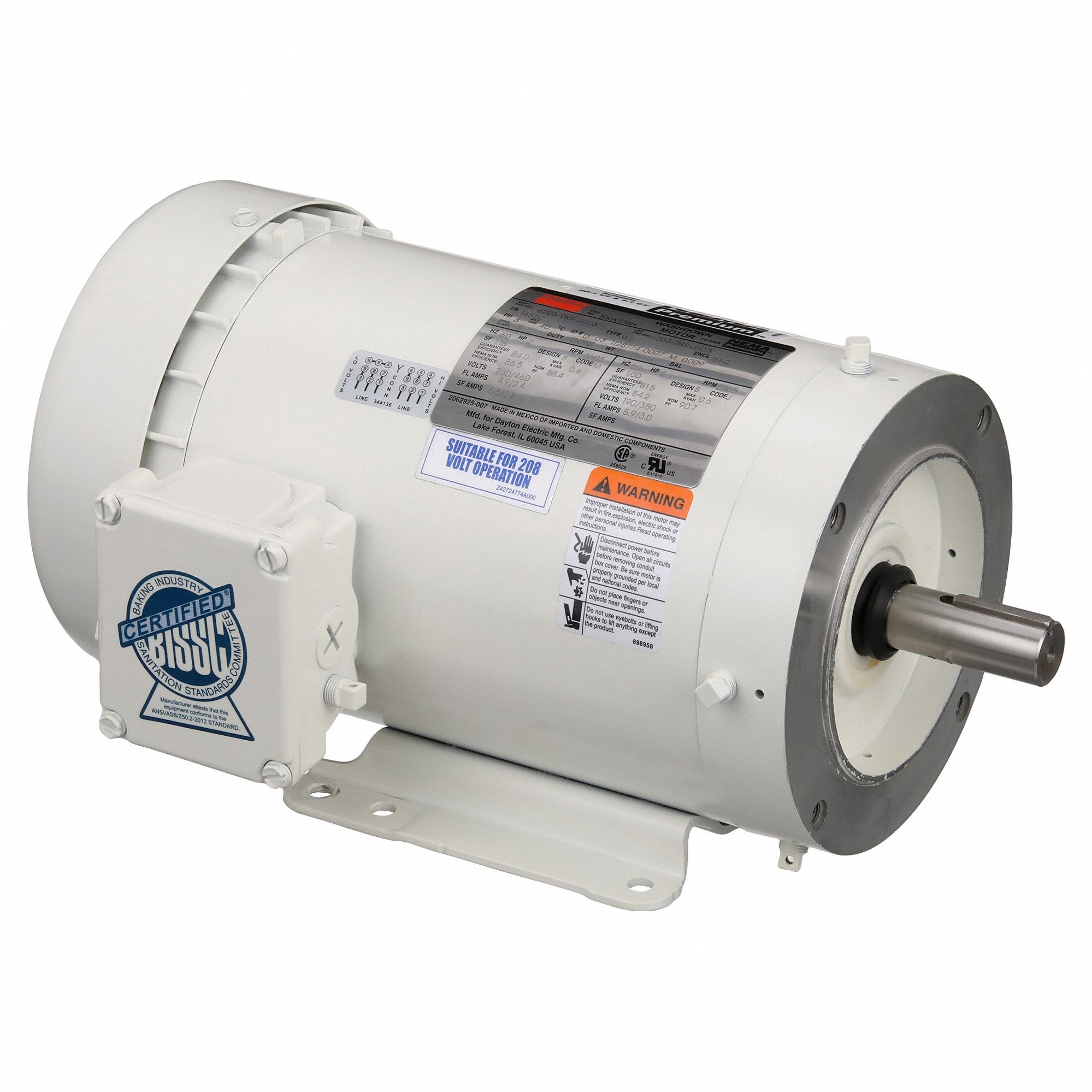 Washdown Motor: Three-Phase, 2 hp Horsepower, 3, 505 RPM RPM, 230/460V AC, 145TC Frame Size