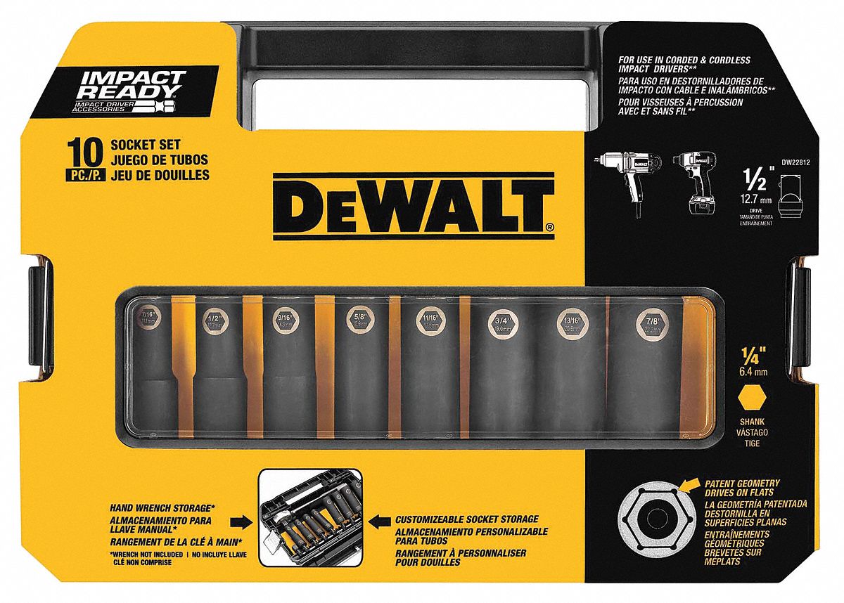 DEWALT Impact Socket Set 1 2 in Drive Size 10 Pieces 7 16 in to 7 8 in Socket Size Range