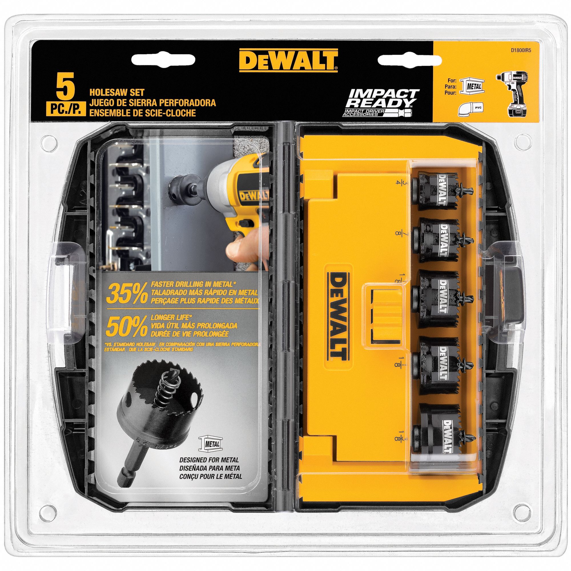 DEWALT Hole Saw Kit 5 Pieces, 3/4 in to 1 3/8 in Saw Size Range, 1/2 in Max. Cutting Dp, Steel