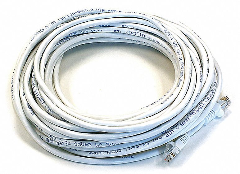 Voice and Data Patch Cord: Unshielded, Cat 6, 50 ft Overall Lg, PVC, Round, 24 AWG, White
