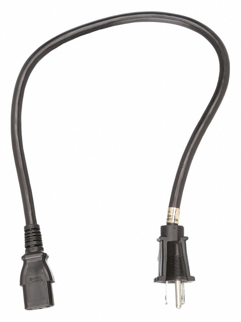 Power Cord: 2 ft Lg, NEMA 5-15P Plug, Port IEC C13, SJT, 15 A Max. Amps, 125V AC