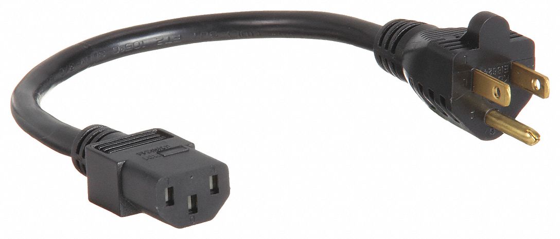 Power Cord: 1 ft Lg, NEMA 5-15P Plug, Port IEC C13, SJT, 13 A Max. Amps, 125V AC