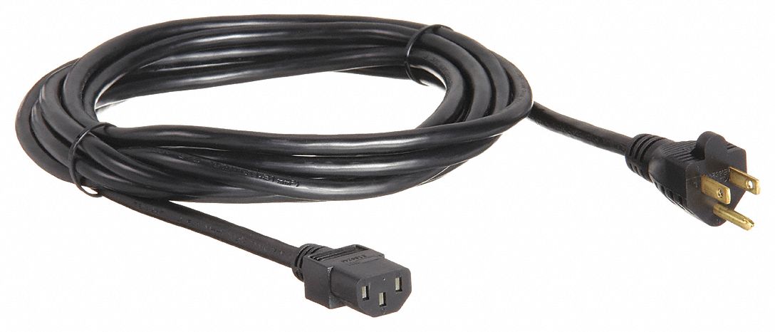 Power Cord: 15 ft Lg, NEMA 5-15P Plug, Port IEC C13, SJT, 13 A Max. Amps, 125V AC