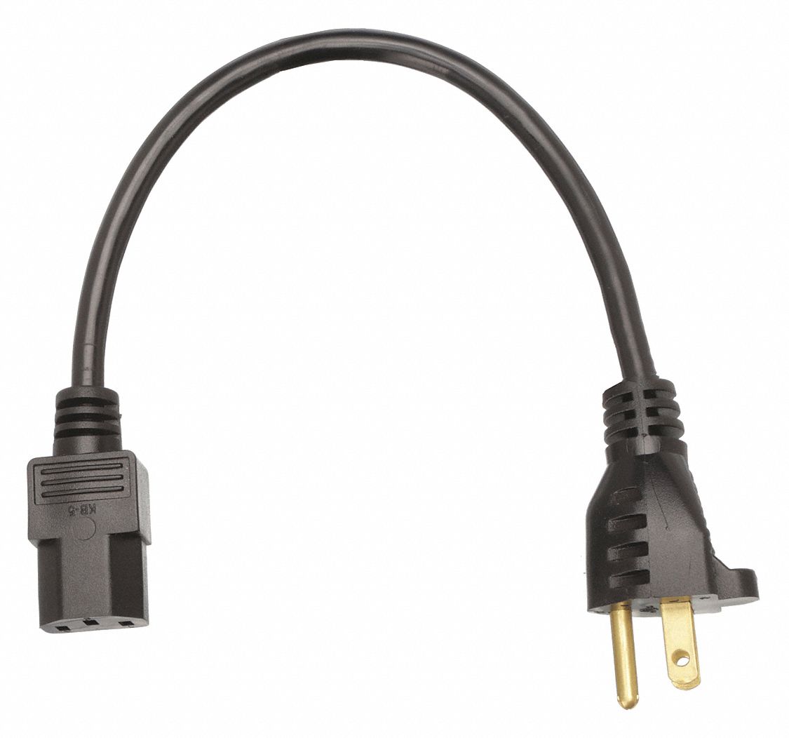 Power Cord: 1 ft Lg, NEMA 5-15P Plug, Port IEC C13, SJT, 10 A Max. Amps, 125V AC