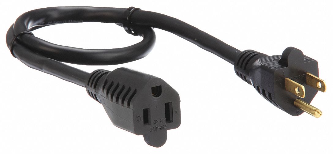 EXTENSION CORD, 2 FT CORD, 16 AWG WIRE SIZE, 16/3, SJT, NEMA 5-15P, BLACK