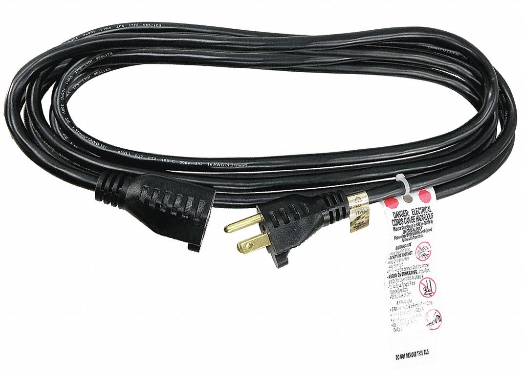 GRAINGER APPROVED Extension Cord, Indoor, 13.0 A, 120V AC, Number of Outlets 1, Black 5XFR0