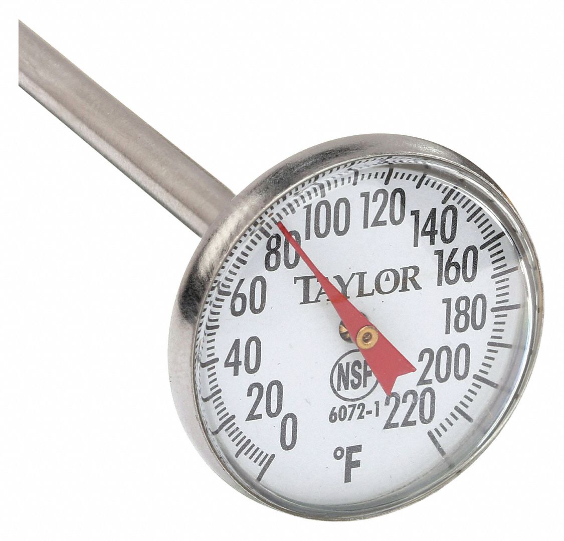 Dial Pocket Thermometer: 0°F to 220°F, +/- 2°F, 5 in Stem Lg, Fahrenheit