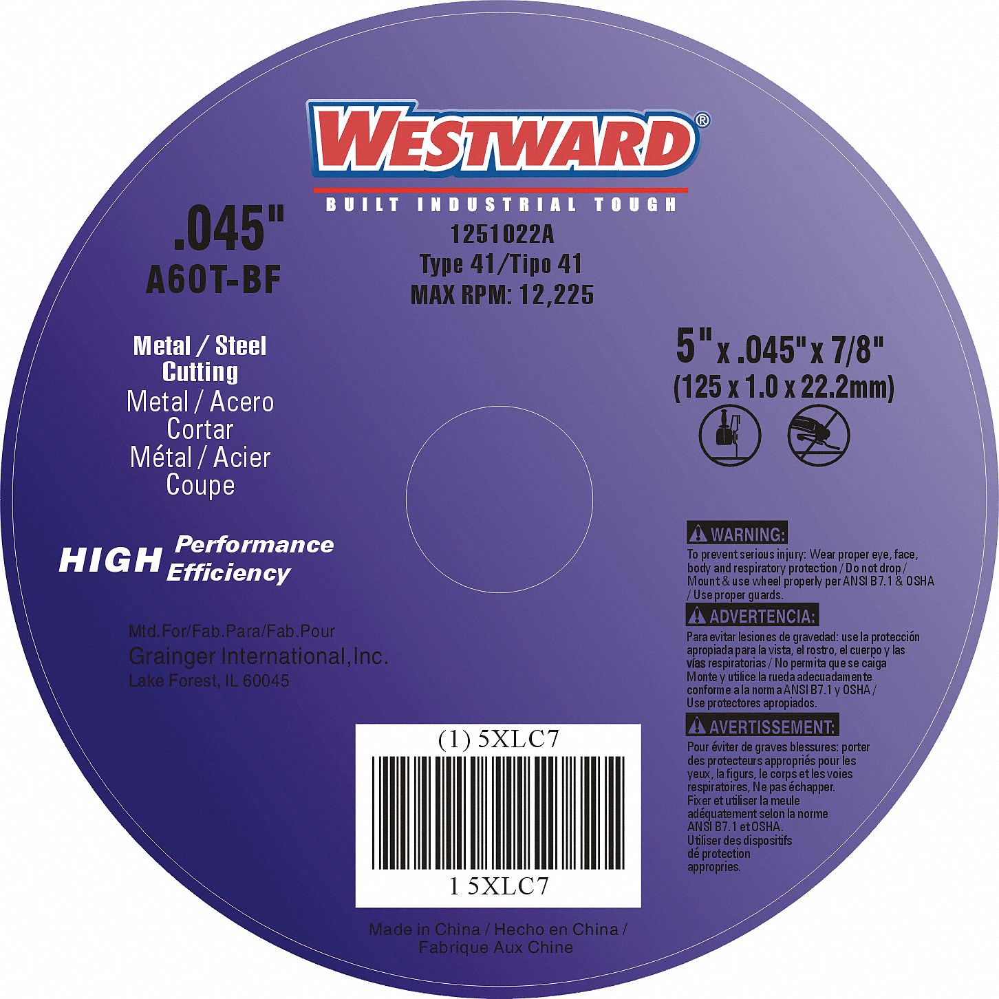 Westward 5 In Type 1 Aluminum Oxide Abrasive Cut Off Wheel 7 8 In Arbor Hole Size 0 045 In Thickness 5xlc7 5xlc7 Grainger