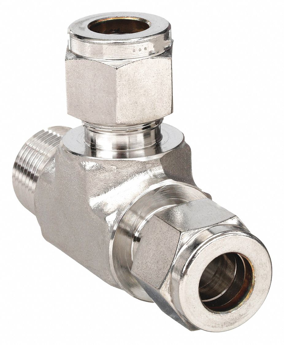 Compression Tee Fitting: 1/2 in OD x 1/2 in Pipe x 1/2 in OD Fitting Size, Stainless Steel