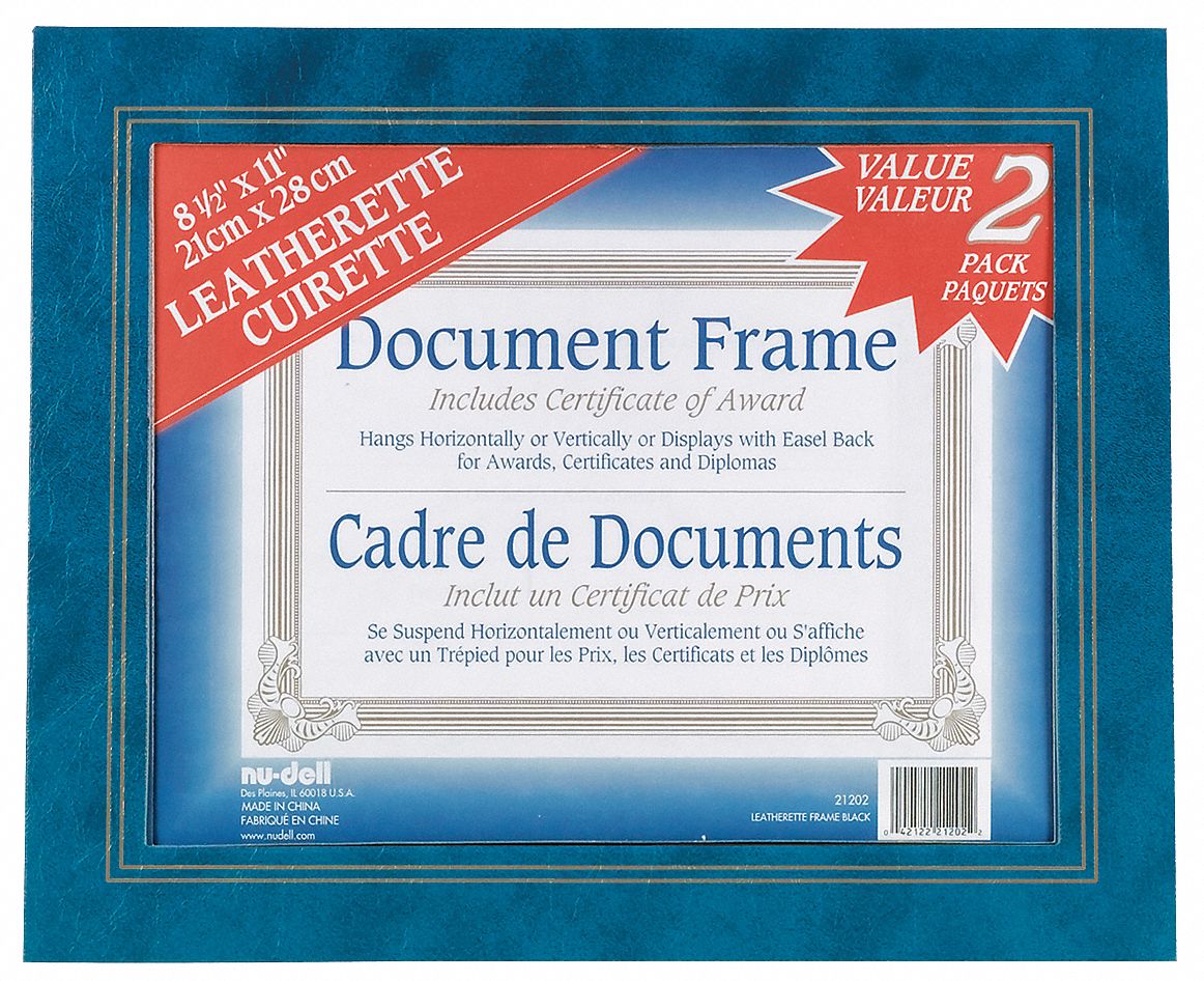Leatherette Frame: 8-1/2 x 11 in Frame Size, Vinyl/Cardboard, Plastic, Blue, 2 PK