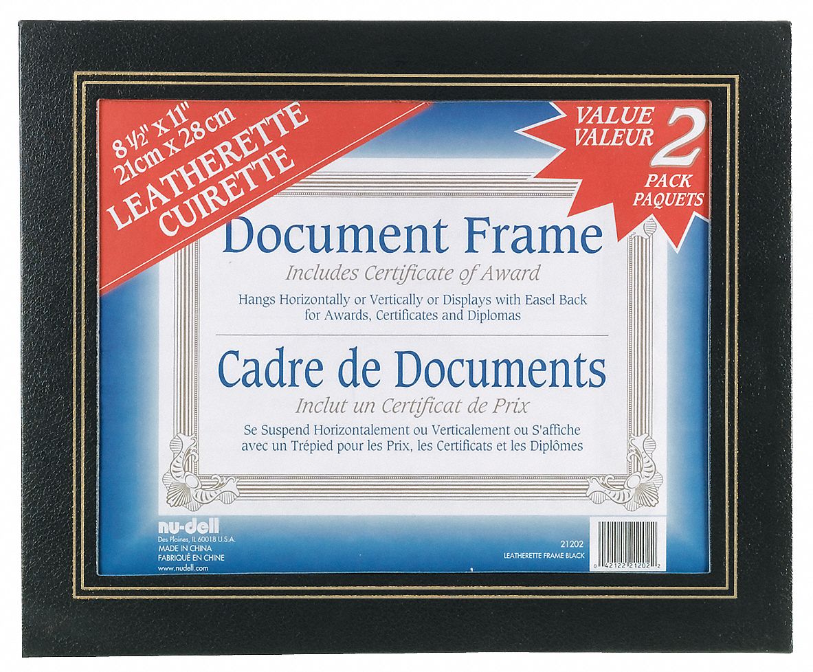 Leatherette Frame: 8-1/2 x 11 in Frame Size, Vinyl/Cardboard, Plastic, Black, 2 PK