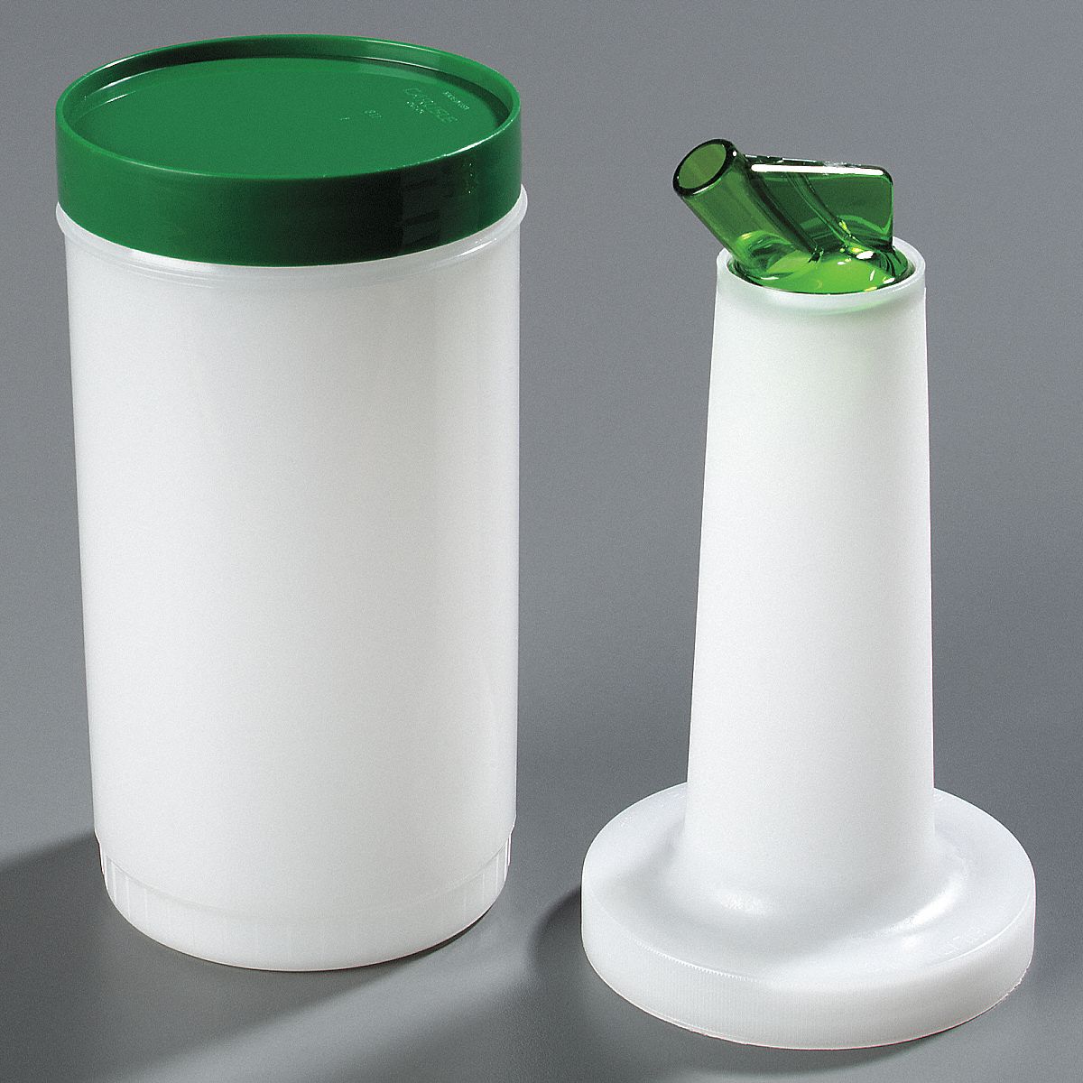Container with Pourer: Green, Polyethylene, 13 1/8 in Overall Ht, 3 1/2 in Overall Dia