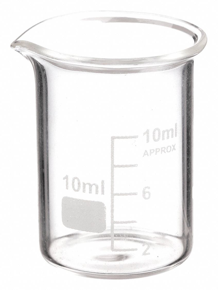 BEAKER, GLASS, LOW FORM, 10 ML CAPACITY, 0.3 FL OZ CAPACITY, 26 MM OUTSIDE DIAMETER, 12 PK