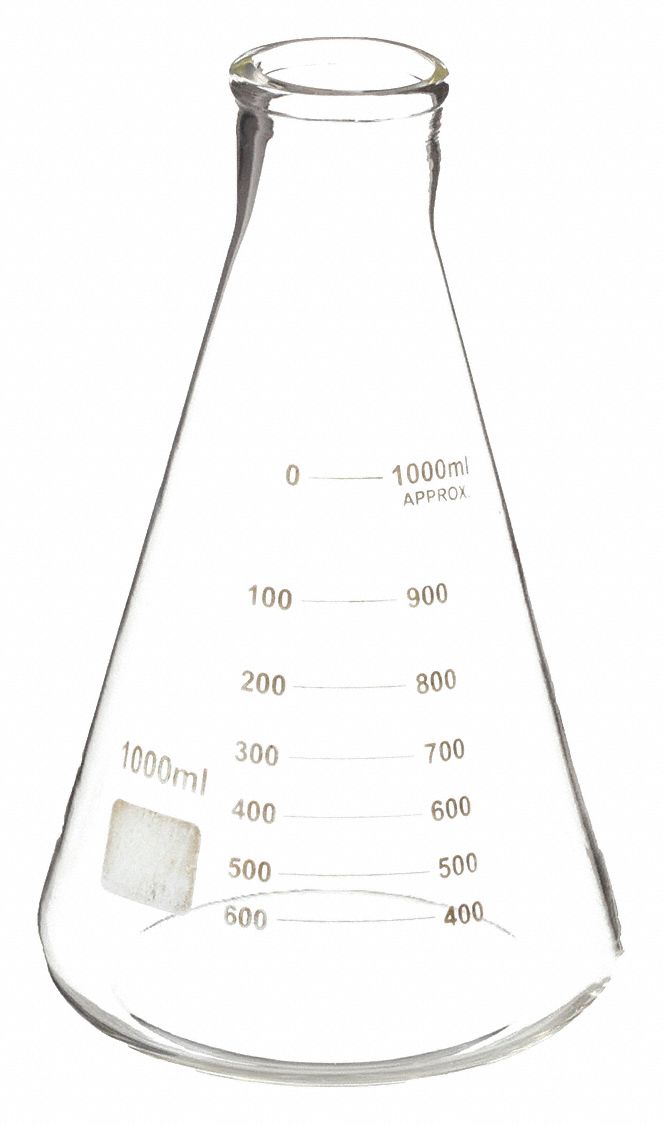 ERLENMEYER FLASK, 1 L CAPACITY, 33.8 FL OZ CAPACITY, GRADUATED, 220 MM OVERALL H, TYPE I, 6PK