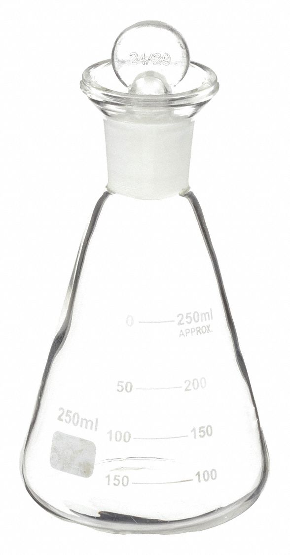 Erlenmeyer Flask: Glass, 250 mL Capacity - mL, 8.4 fl oz Capacity - oz, Includes Closure, Graduated