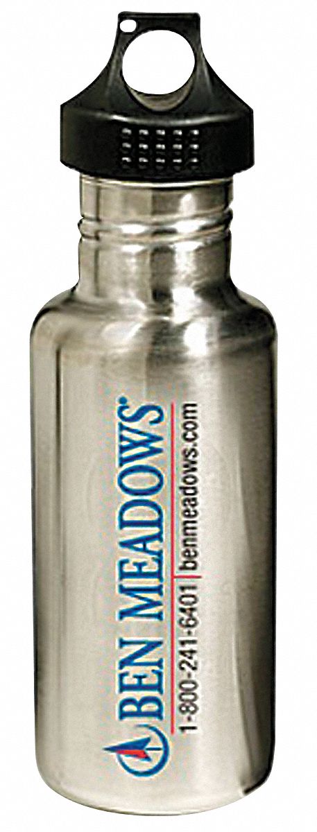 Water Bottle with Ben Meadows Logo: 17 oz Capacity, Stainless Steel, Silver