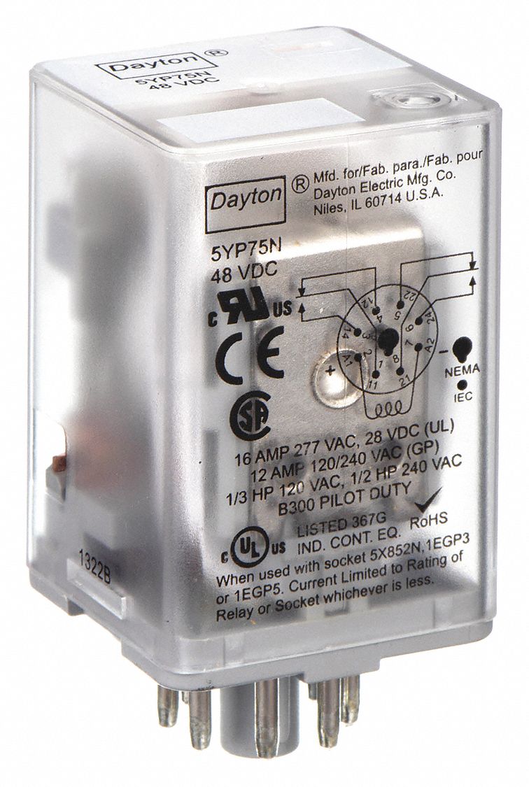 GENERAL PURPOSE RELAY, SOCKET MOUNTED, 10 A CURRENT RATING, 48V DC, 8 PINS/TERMINALS, DPDT