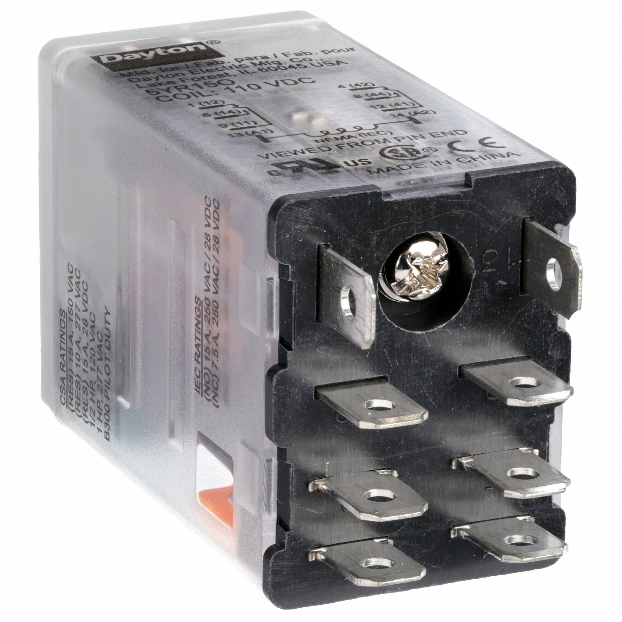 DAYTON General Purpose Relay, 110V DC Coil Volts, 15A 240V AC Contact