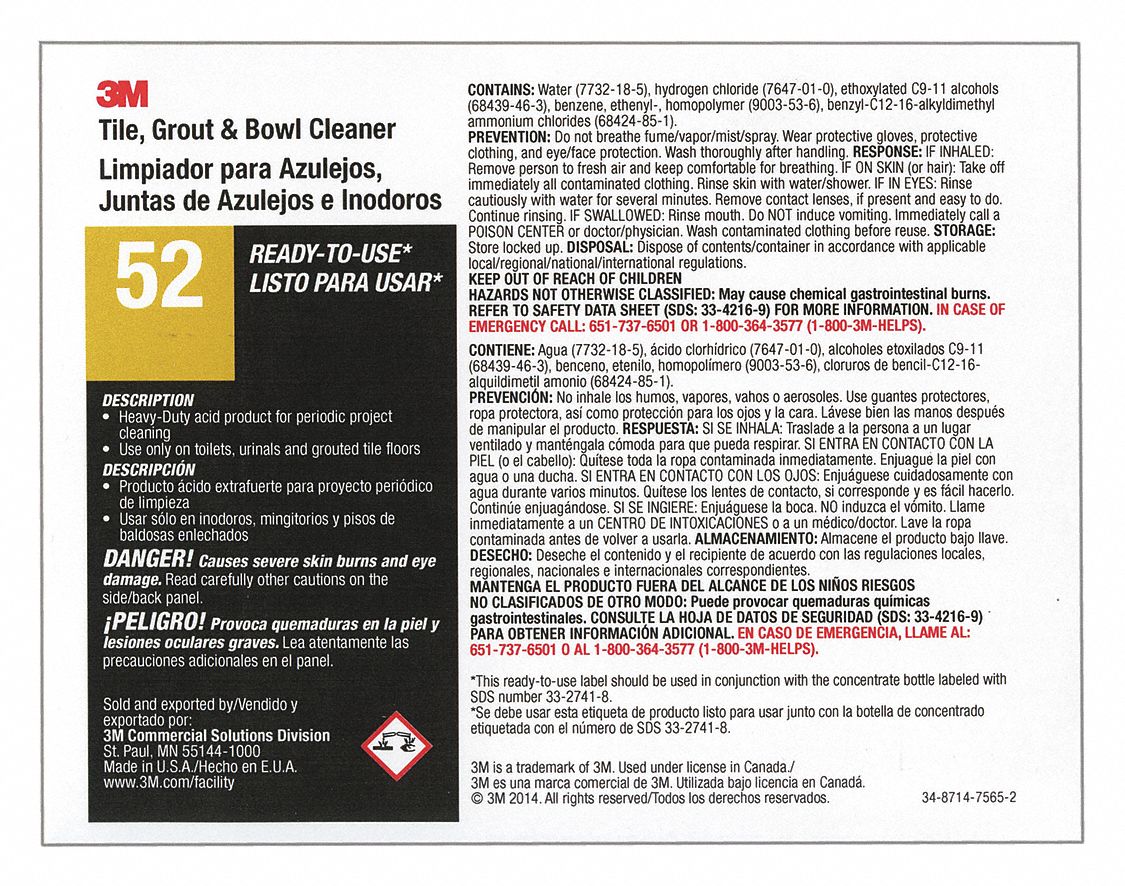 Secondary Bottle Label: 11 in Ht, 8 1/2 in Wd, 3M Tile/Grout and Bowl Cleaner 52, 12 PK