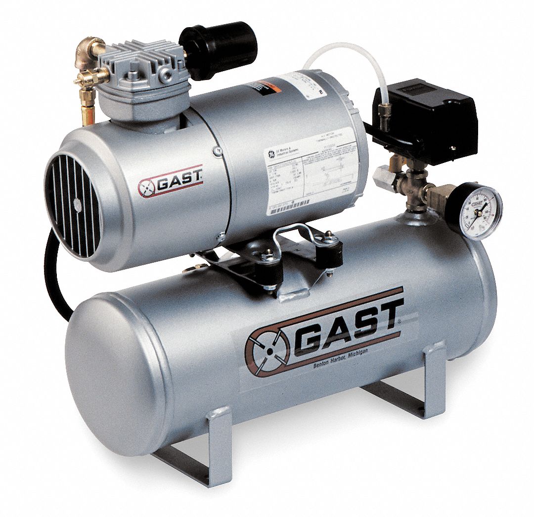 GAST Electric Air Compressor 0.17 hp 1 Stage Hot Dog 2 gal Tank 0.9 cfm 50 psi Max Op Pressure