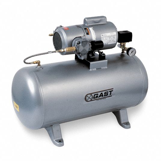 GAST Electric Air Compressor: 0.75 hp, 1 Stage, Horizontal, 20 gal, 4.7  cfm, 100 psi, Oil Free