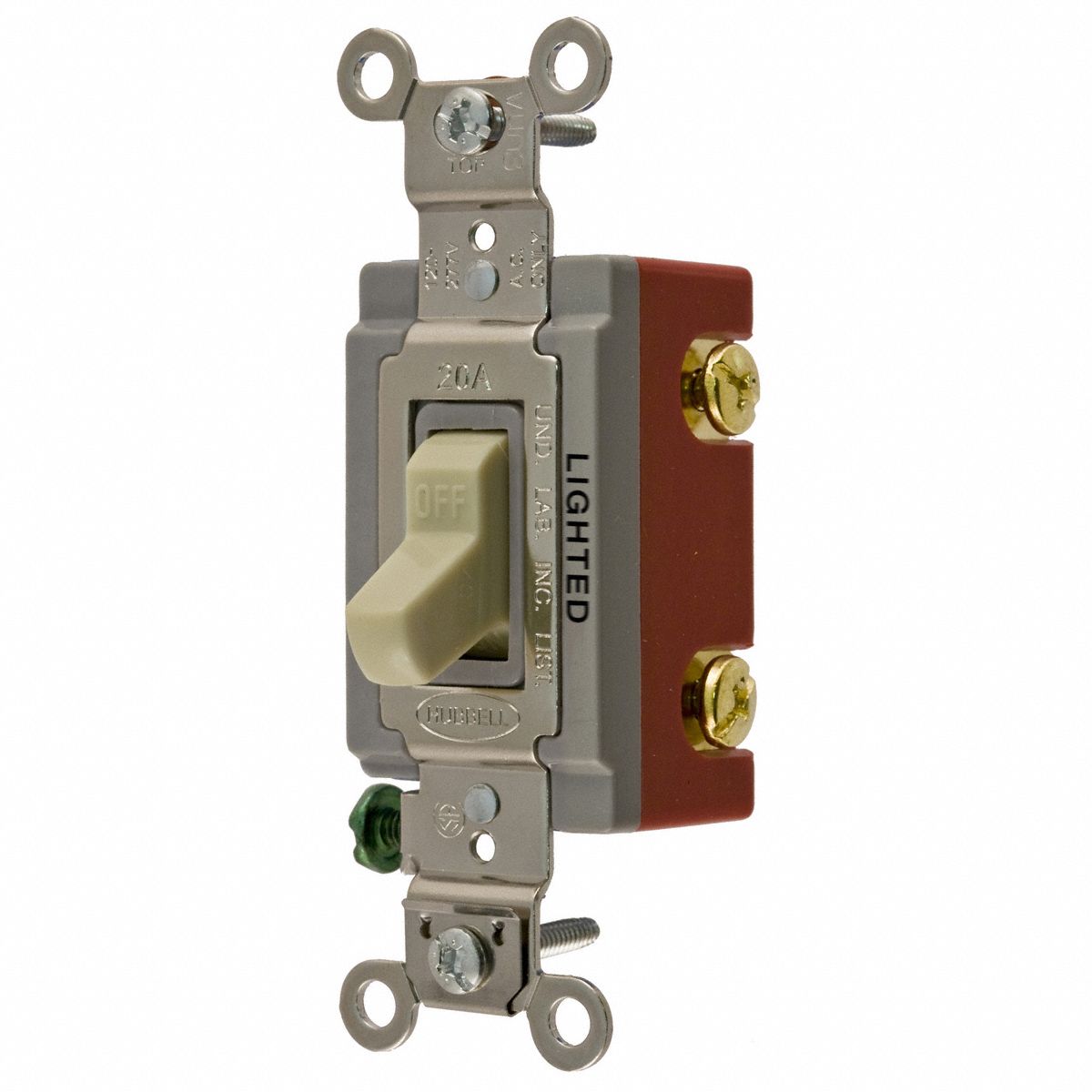 ILLUMINATED WALL SWITCH, TOGGLE SWITCH, SINGLE POLE, IVORY, 20 A, SCREW TERMINALS
