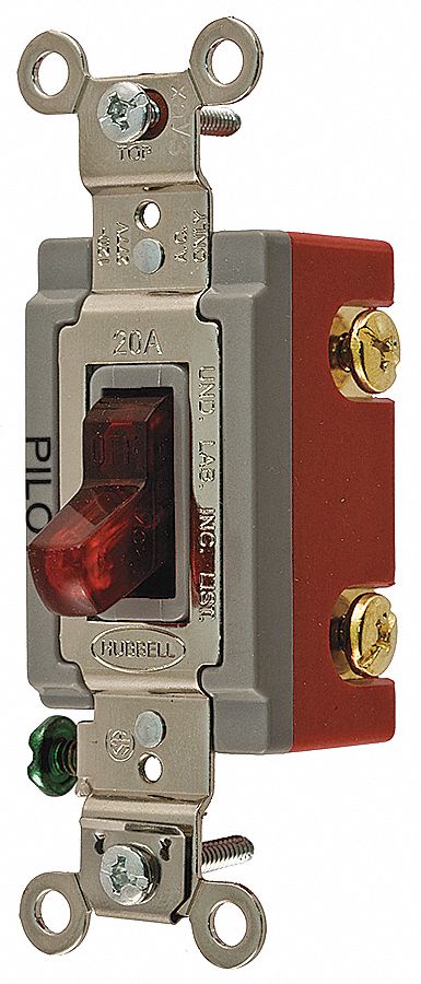 PILOT LIGHT WALL SWITCH, TOGGLE SWITCH, 3-WAY, RED, 20 A, SCREW TERMINALS