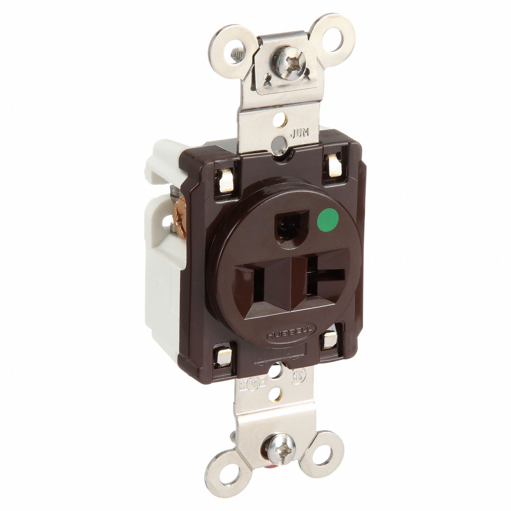 RECEPTACLE, SINGLE, 5-20R, 20 A, 125V AC, BROWN, 2 POLE/3 WIRE POLES AND WIRES