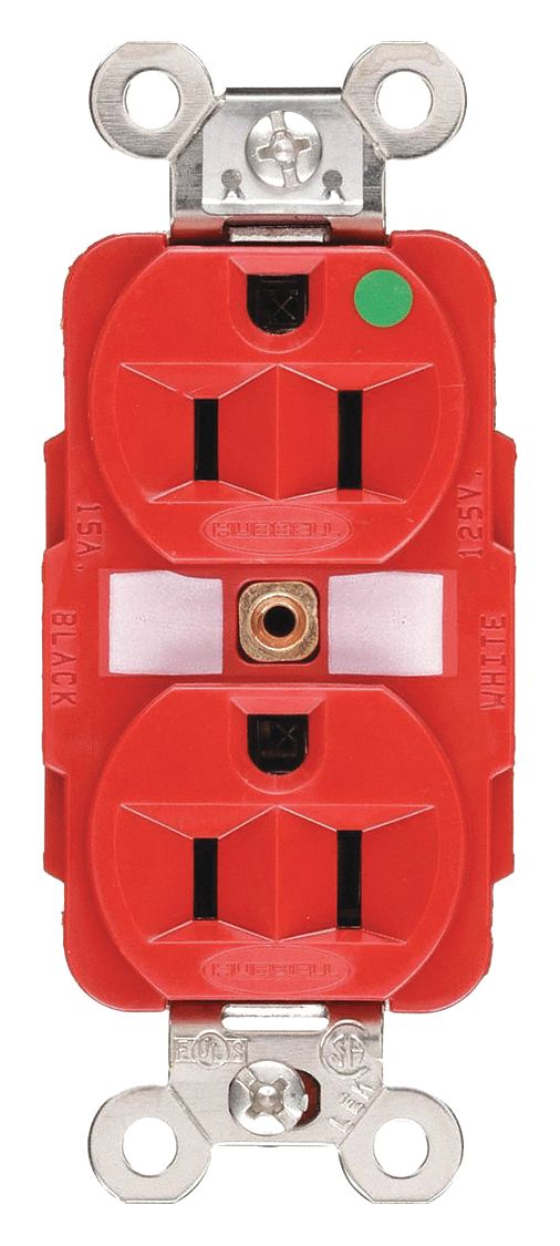 RECEPTACLE, DUPLEX, 5-15R, 15 A, 125V AC, RED, 2 POLE/3 WIRE POLES AND WIRES