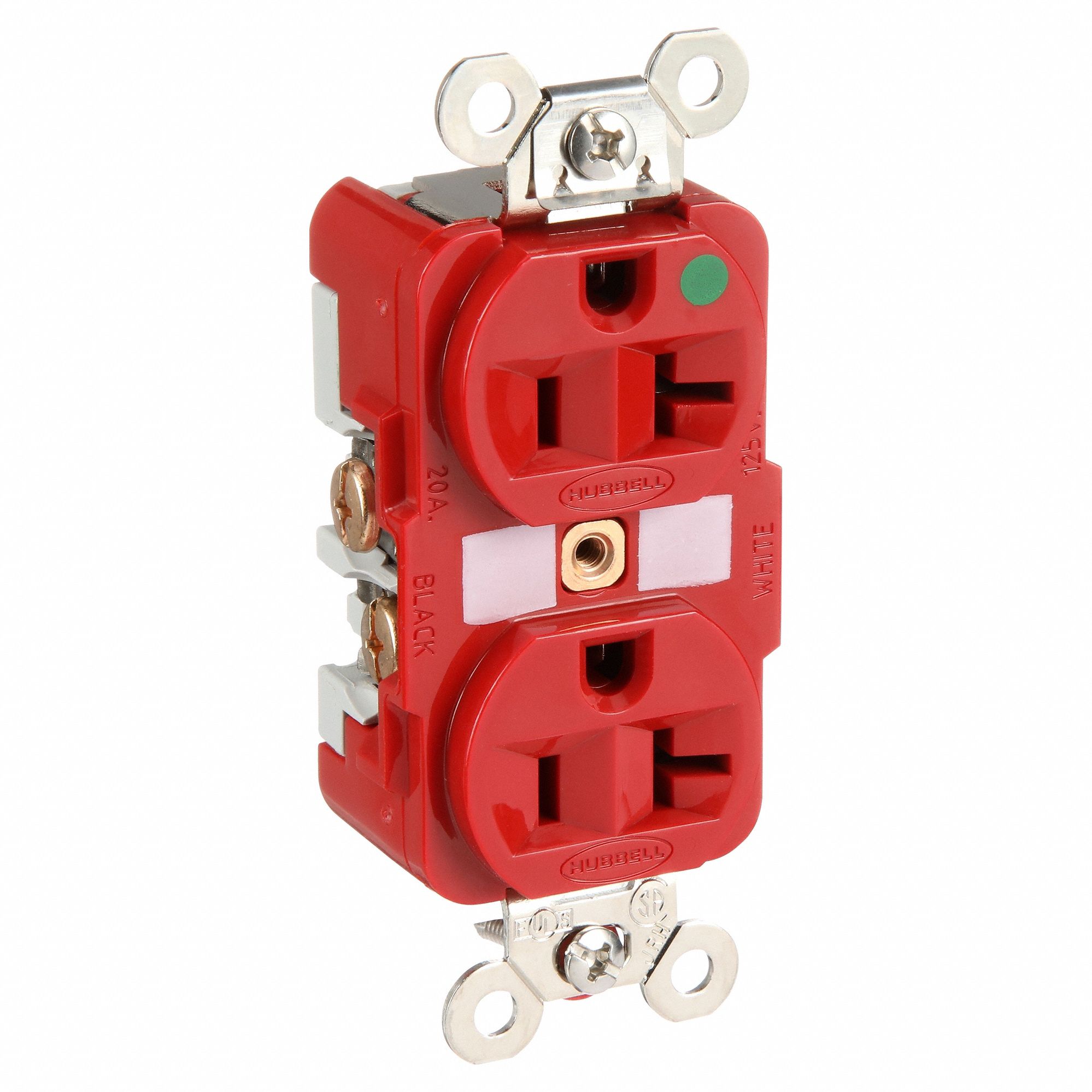 RECEPTACLE, DUPLEX, 5-20R, 20 A, 125V AC, RED, 2 POLE/3 WIRE POLES AND WIRES