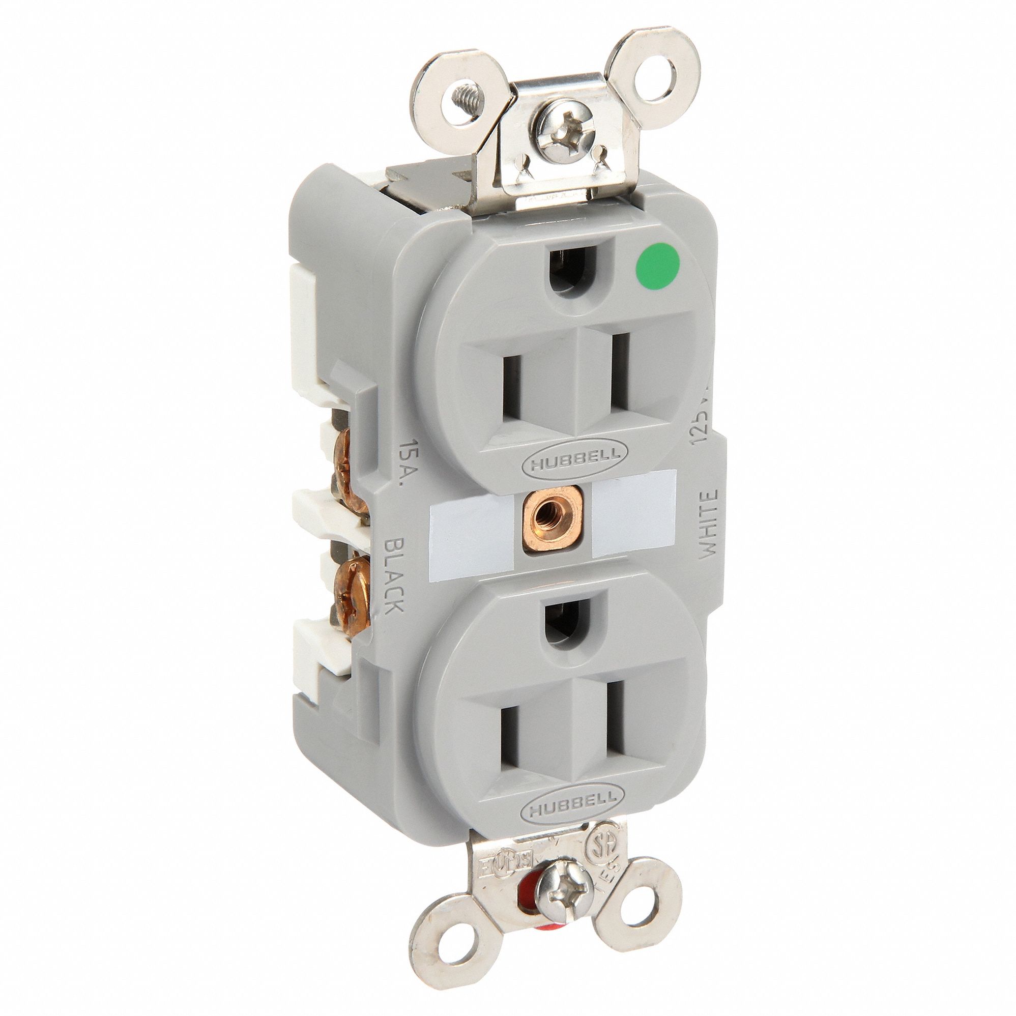 RECEPTACLE, DUPLEX, 5-15R, 15 A, 125V AC, GREY, 2 POLE/3 WIRE POLES AND WIRES