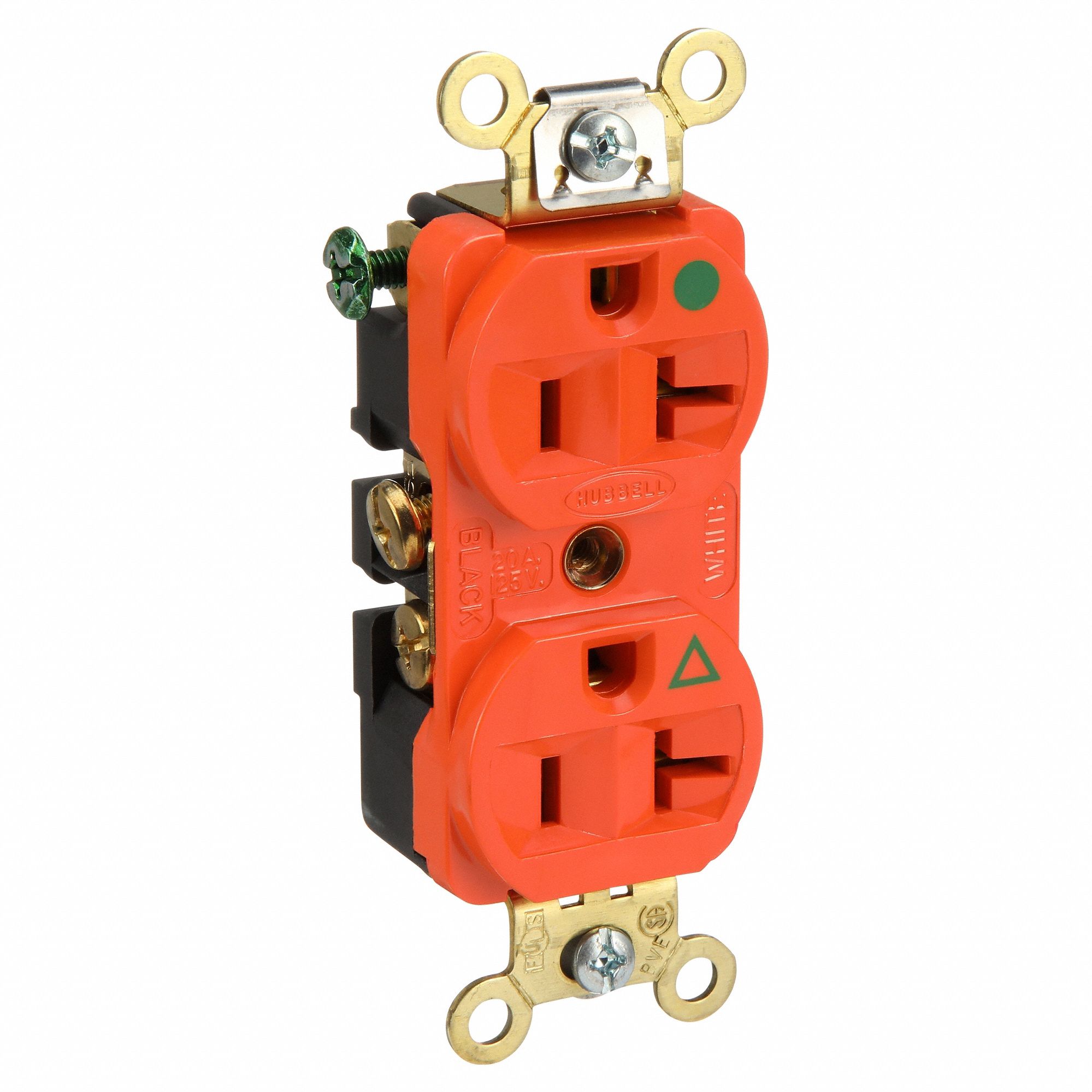 RECEPTACLE, DUPLEX, 5-20R, 20 A, 125V AC, ORANGE, 2 POLE/3 WIRE POLES AND WIRES