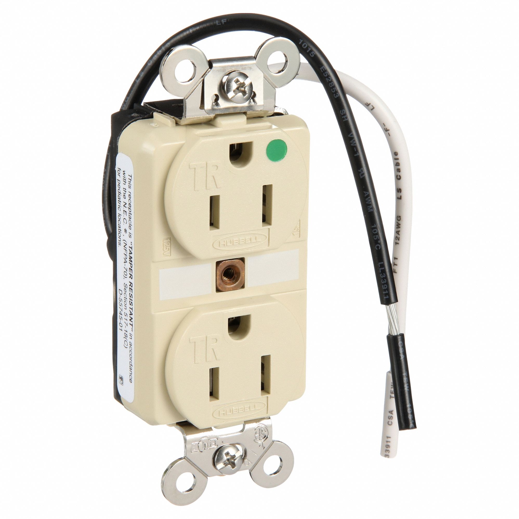 RECEPTACLE, DUPLEX, 5-15R, 15 A, 125V AC, IVORY, 2 POLE/3 WIRE POLES AND WIRES