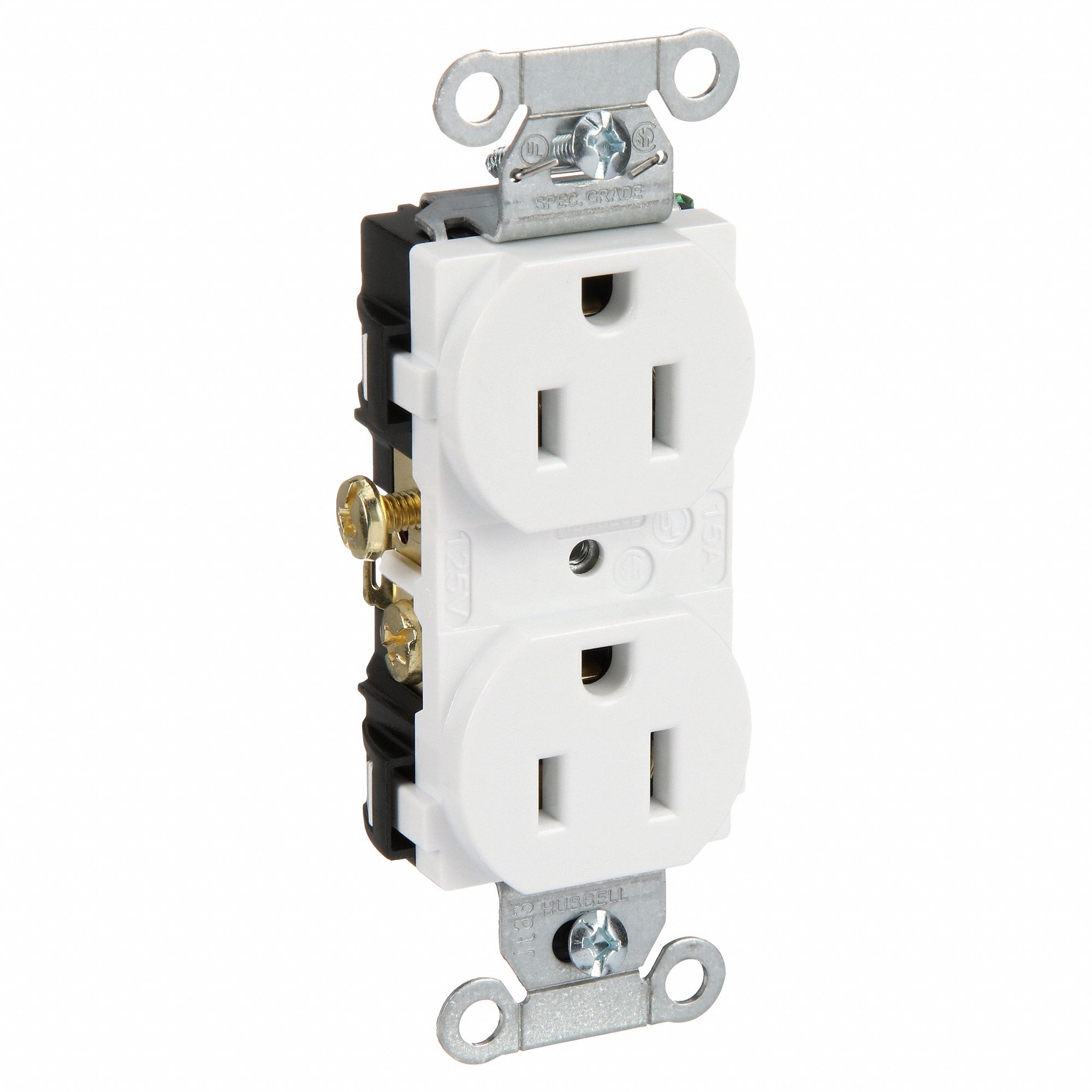 RECEPTACLE, DUPLEX, WHITE, 5-15R, 15 A, 125V AC, 2 POLE/3 WIRE, SCREW TERMINALS