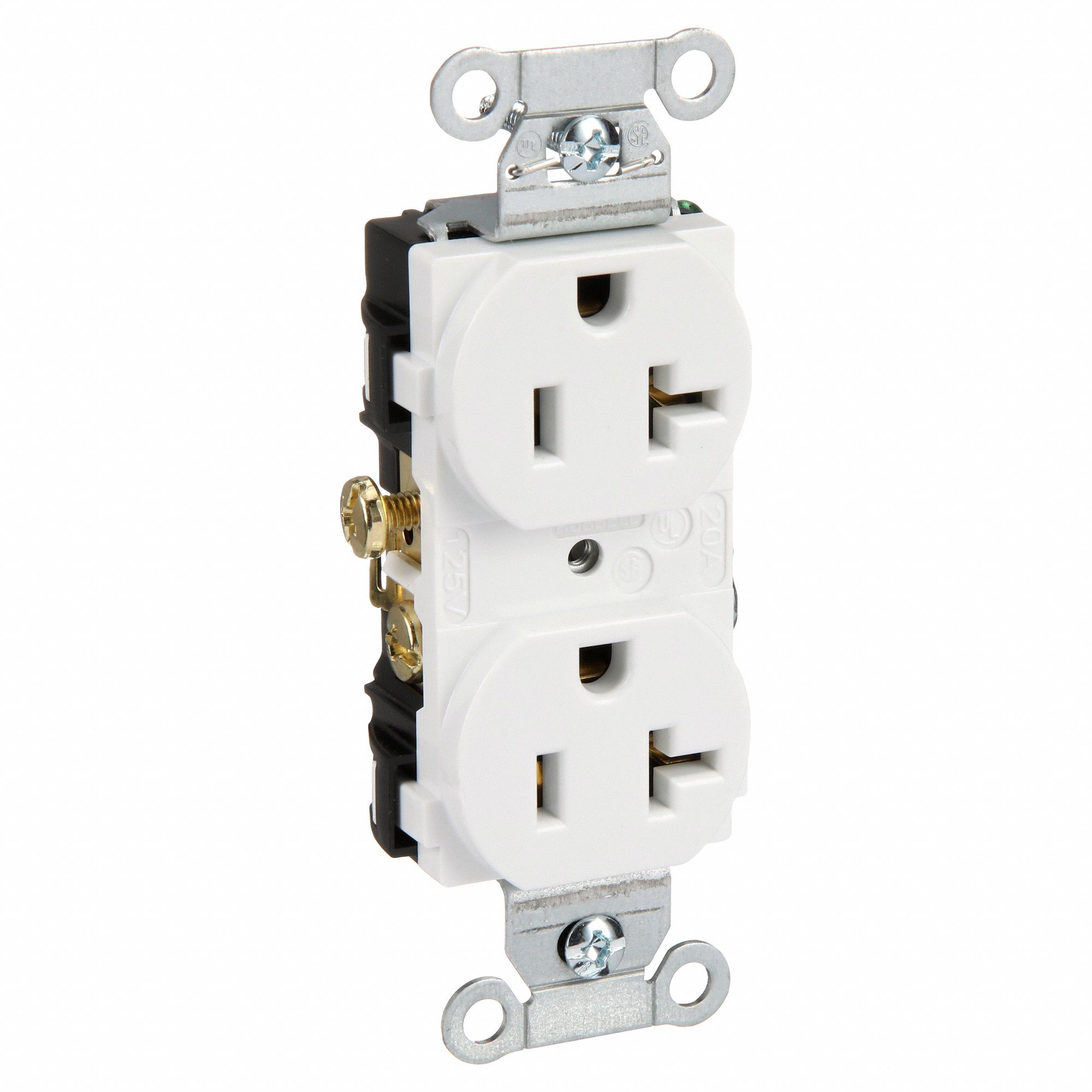 RECEPTACLE, DUPLEX, WHITE, 5-20R, 20 A, 125V AC, 2 POLE/3 WIRE, SCREW TERMINALS