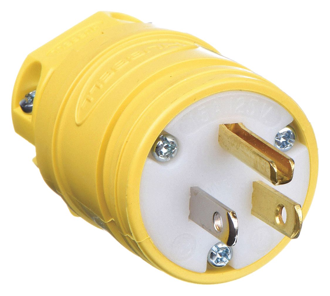 DUST TIGHT STRAIGHT BLADE PLUG, 5-15P, 15 A, 125V AC, 2 POLES, YELLOW