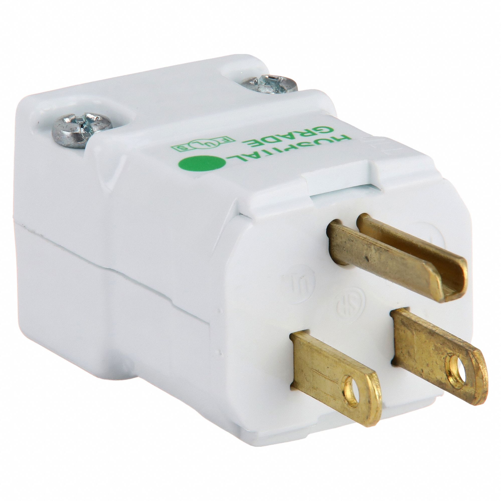 STRAIGHT BLADE PLUG, 5-15P, 15 A, 125V AC, WHITE, 2 POLES, SCREW TERMINALS, HOSPITAL GRADE