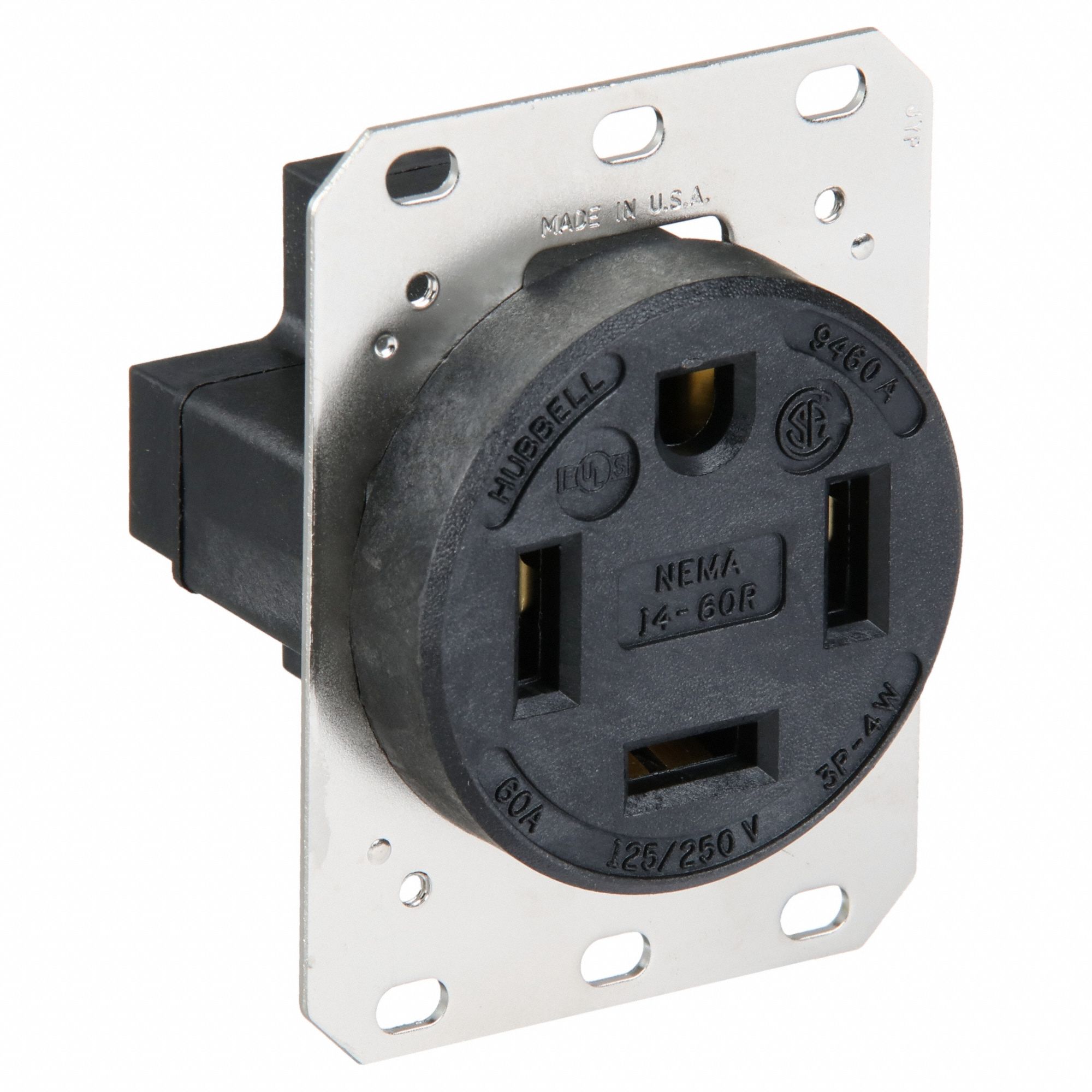 Receptacle: Single, 14-60R, 125/250V AC, 60 A, Black, 3 Pole / 4 Wire, Screw Terminals