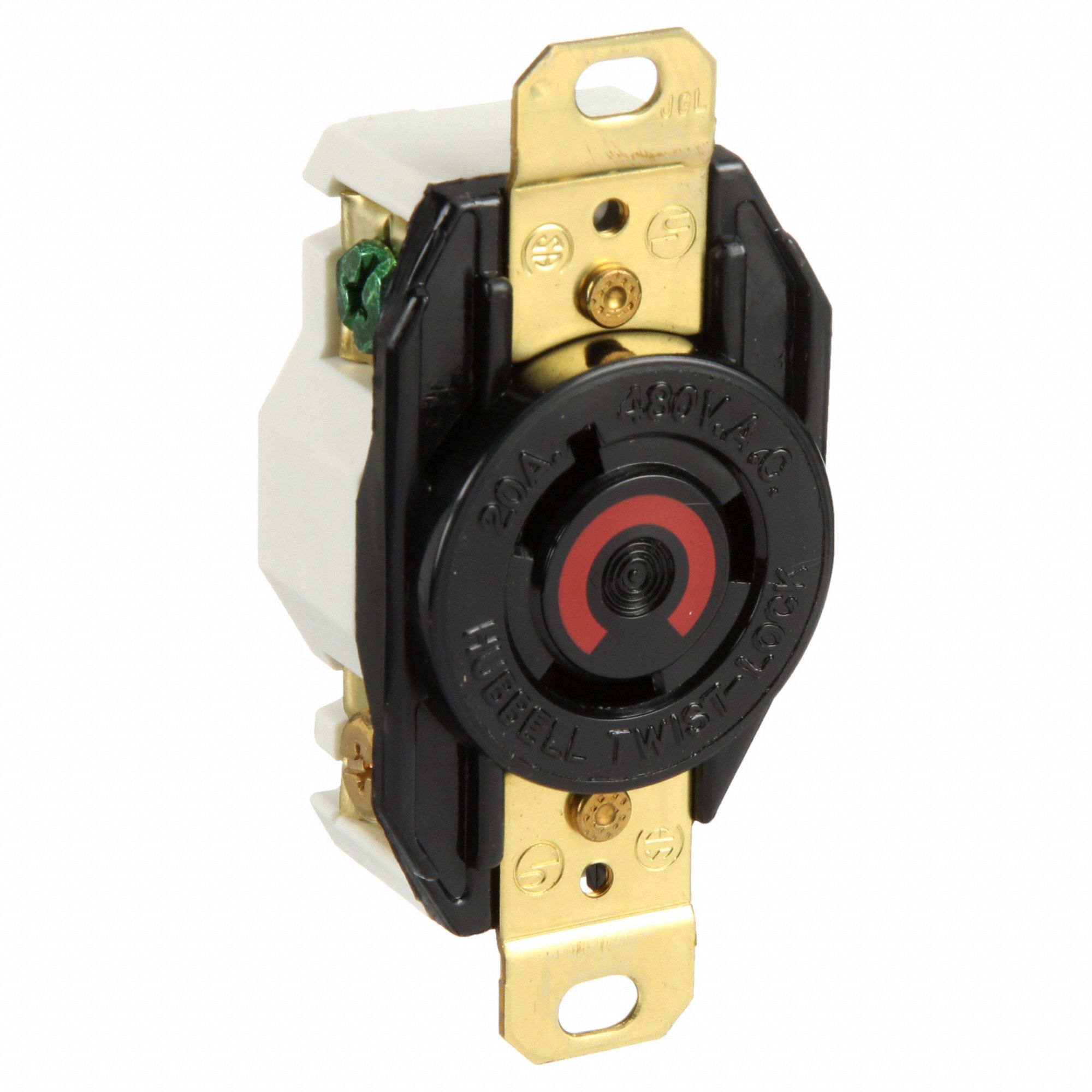 Locking Receptacle: L8-20R, 20 A, 480V AC, Black, 2 Poles, Screw Terminals