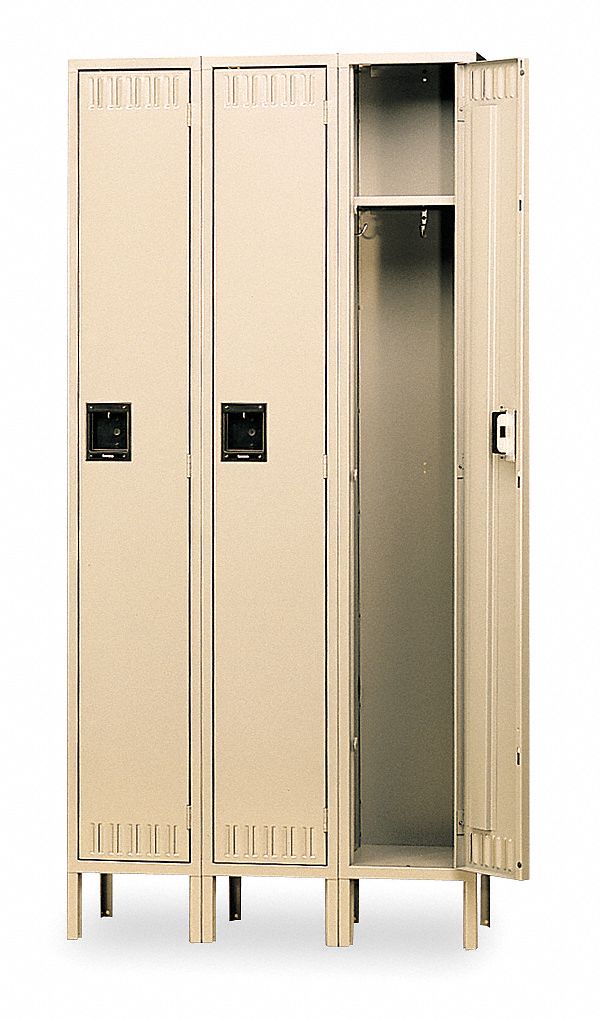 Wardrobe Locker: 36 in x 18 in x 78 in, Louvered, 1 Tiers, 3 Units Wide, Padlock Hasp, Tan