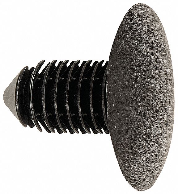 GRAINGER APPROVED Ribbed Push In Rivet, Plastic, 9.5 mm Dia., 19 mm L, 9 mm, Black 5ZLY95ZLY9