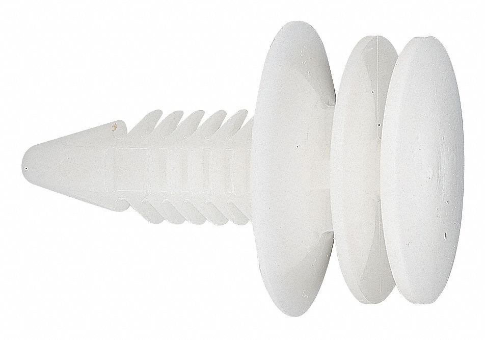 Push-In Rivet, White, Dome, 20.63mm L, PK50: Metric, Ribbed, Dome, Nylon, White, 50 PK