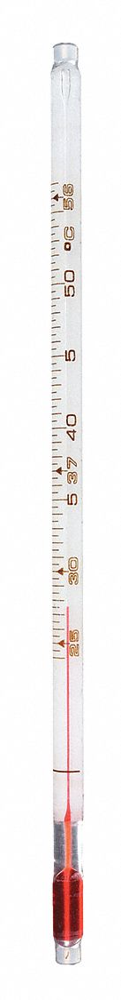 Liquid In Glass Thermometer, Safety Coated: 24°C to 57°C, Partial Immersion, +/-1.5°C