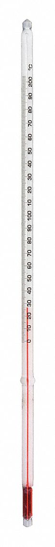 Liquid In Glass Thermometer, Safety Coated: 0°C to 200°C, Partial Immersion, Celsius