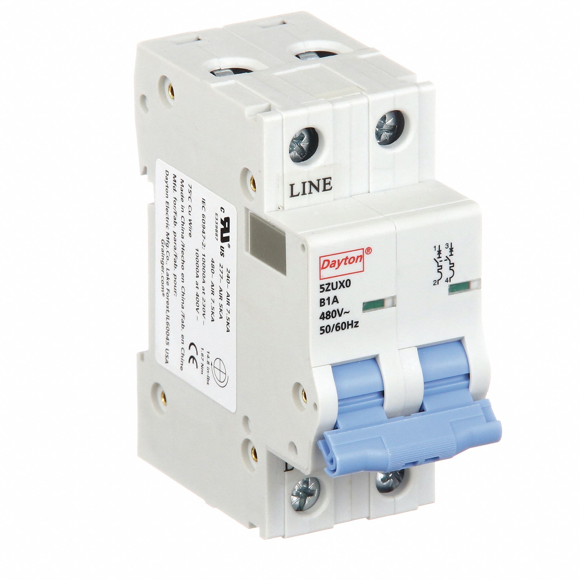 IEC Supplementary Protector: 1 A Amps, 7.5kA at 480V AC, Screw Clamp, NDB2-63 B1/2, 480V AC